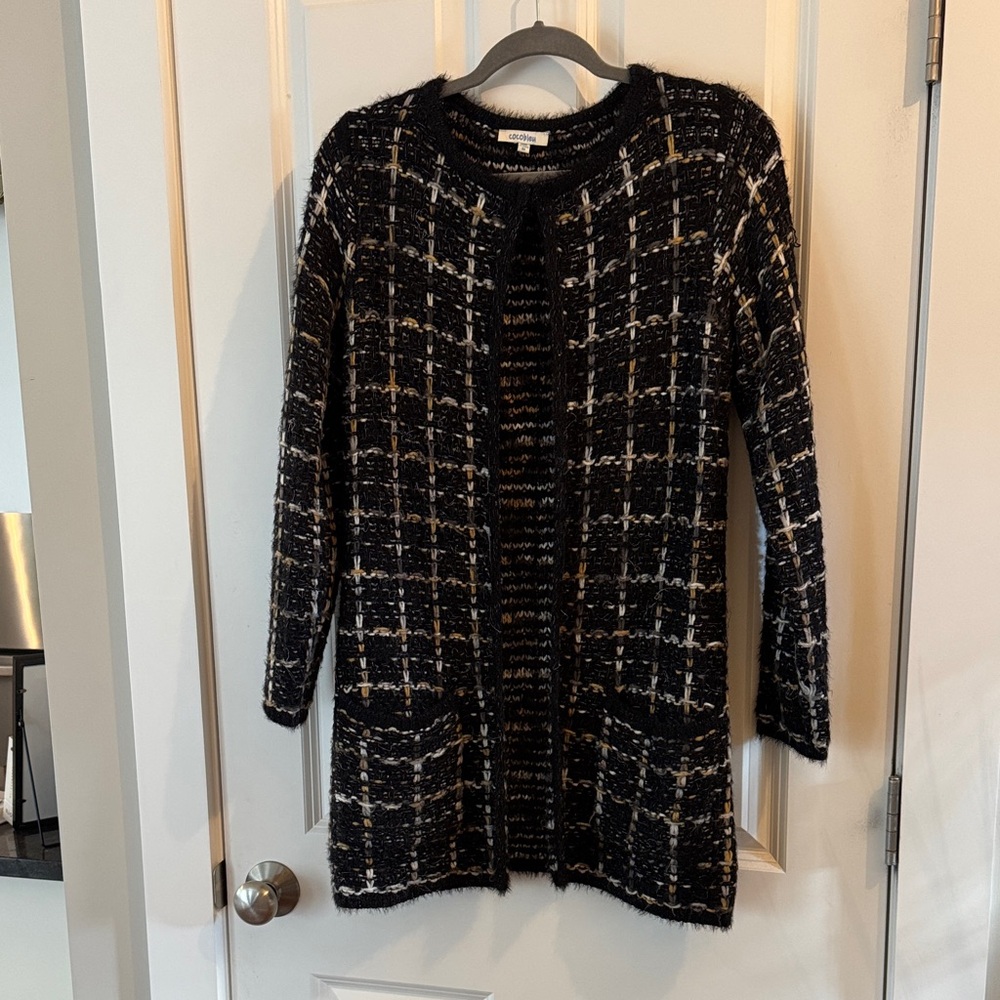 Long Black Tweed Open Cardigan with Metallic Thread